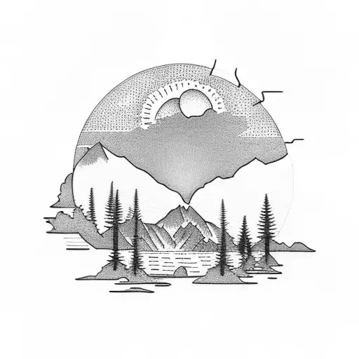 A dotwork tattoo of a silhouette of the Adirondack mountains with a sun setting behind them tattoo design idea