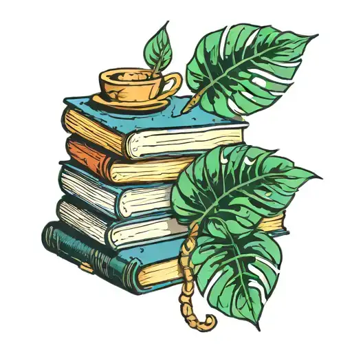 Stack of books monstera and iced coffee tattoo design idea