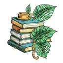 Stack of books monstera and iced coffee tattoo design idea