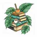 Stack of books monstera and iced coffee tattoo design idea