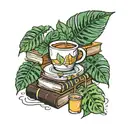 Stack of books monstera and iced coffee tattoo design idea