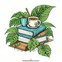 Stack of books monstera and iced coffee tattoo design idea