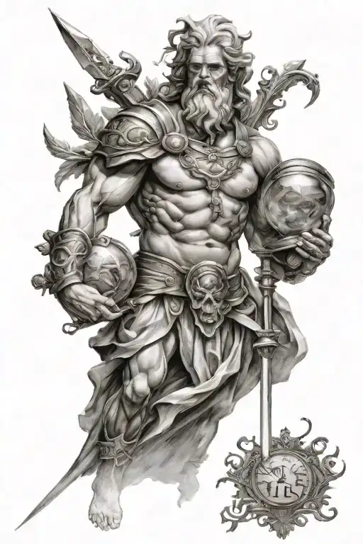 greek titan chronos time god holding scyte and hourglass tattoo design idea