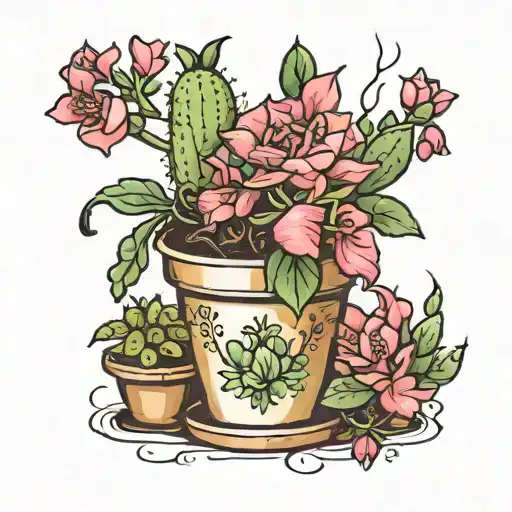 bougainvillea with cactus in pot tattoo design idea