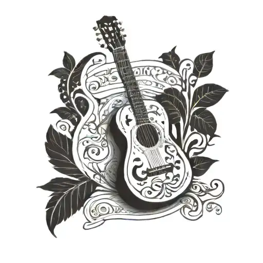 A blackwork tattoo of a guitar with Cajun symbols and country music notes intertwined tattoo design idea