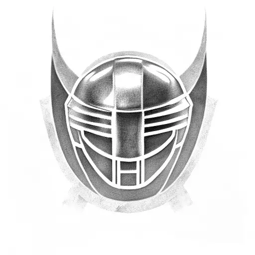 A black and grey tattoo of a Spartan helmet with Ogum's symbol engraved on it tattoo design idea