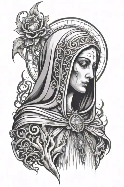 A dark, imposing figure of a demonic Virgin Mary stands, her presence radiating an aura of dread and malevolence. Her fa tattoo design idea