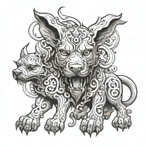 Main Elements:  	1.	Cerberus: The three-headed guard dog from Greco-Roman mythology, placed on the front side of the arm tattoo design idea