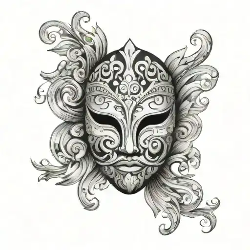 mask surrounded by swirling tattoo design idea