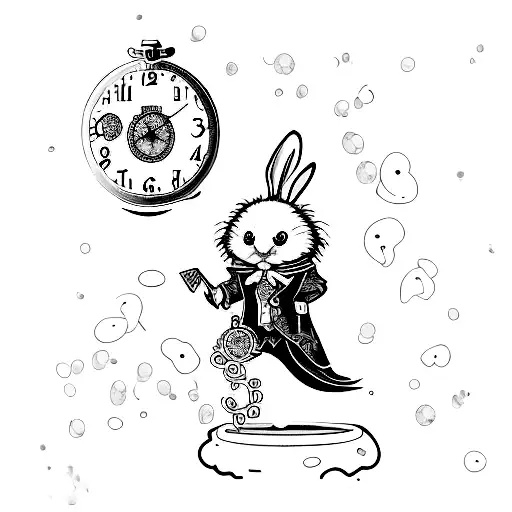 Curly-haired White Rabbit holding a soap bubble pocket watch tattoo design idea