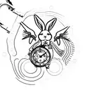 Curly-haired White Rabbit holding a soap bubble pocket watch tattoo design idea