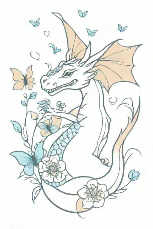 a happy dragon surrounded by blue butterflies and blooming flowers  tattoo design idea
