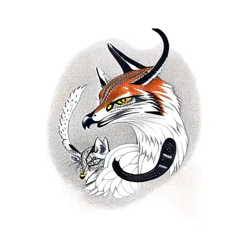 hawk flies over a red fox with tiger lilies tattoo design idea