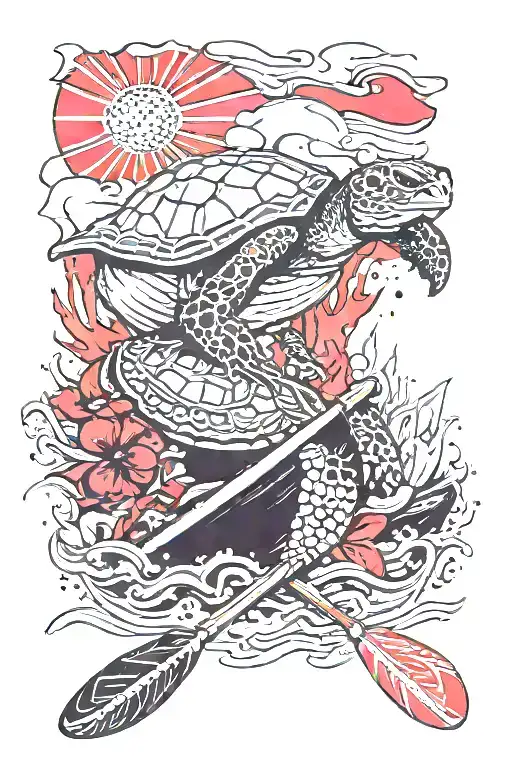 Honu and canoe with Colorado state flag in the background tattoo design idea