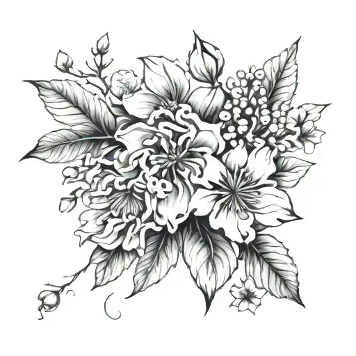 cherry blossom, honeysuckle, poppy, carnation, and chrysanthemum tattoo design idea