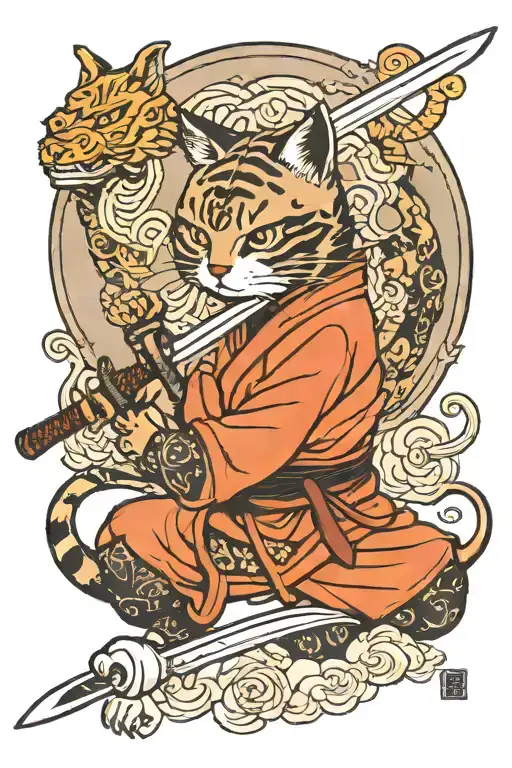 Samurai cat, katana, ninja cat, kunai knife tattoo design idea