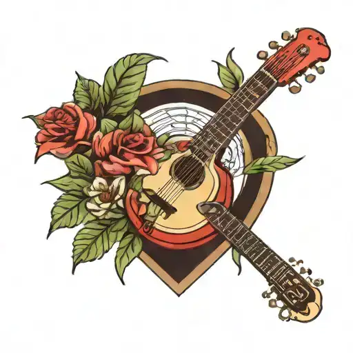 Sage leaves and scarlet begonias around a harp guitar tattoo design idea