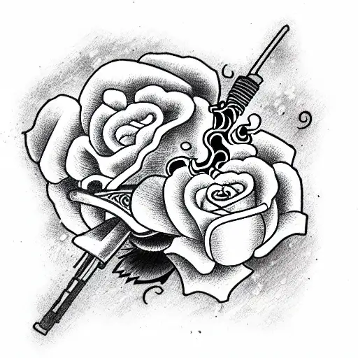 rose with burning flame and gun shot tattoo design idea