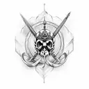 A skull with three swords going through its head with the saying fear no evil in words tattoo design idea