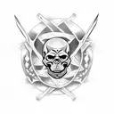 A skull with three swords going through its head with the saying fear no evil in words tattoo design idea