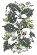 calla lily flowers intertwined with ivy leaves and date 23.07.2024 tattoo design idea