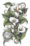 calla lily flowers intertwined with ivy leaves and date 23.07.2024 tattoo design idea