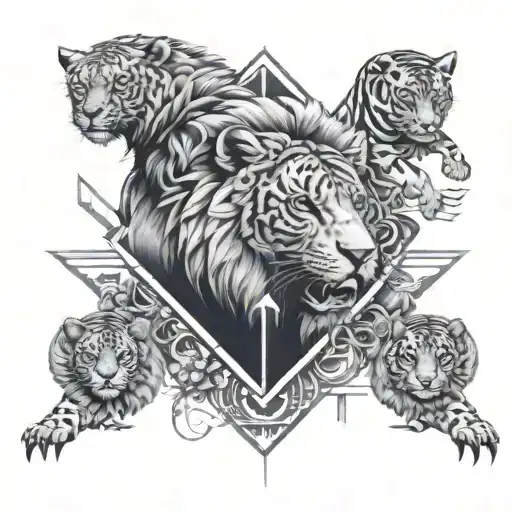 A surreal tattoo combining elements of Illuminati symbolism, rap culture, and the strength of lions and tigers tattoo design idea
