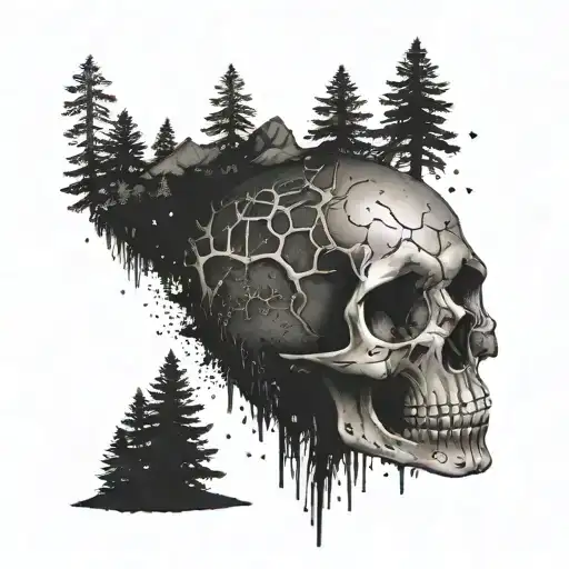 Skull buried in dirt in a forest looking up at night sky tattoo design idea