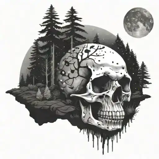 Skull buried in dirt in a forest looking up at night sky  tattoo design idea