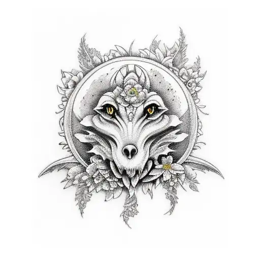 moon, flowers, and mythical creatures tattoo design idea