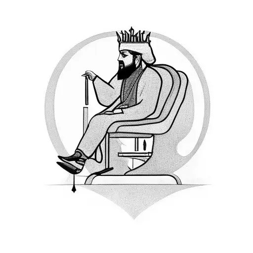 Design a black-grey tattoo depicting an Iranian king sitting on a hairstylist's chair. tattoo design idea
