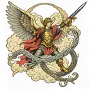 Archangel Michael kills a serpent with a spear, with angels and clouds in the background tattoo design idea