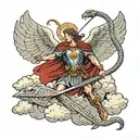 Archangel Michael kills a serpent with a spear, with angels and clouds in the background tattoo design idea