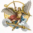 Archangel Michael kills a serpent with a spear, with angels and clouds in the background tattoo design idea