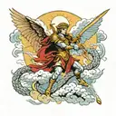 Archangel Michael kills a serpent with a spear, with angels and clouds in the background tattoo design idea