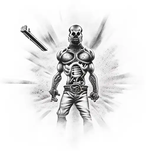 serious sam right arm tato, followe to the down back, half right, with icons from doom, quake 3, vampire the masquerade tattoo design idea