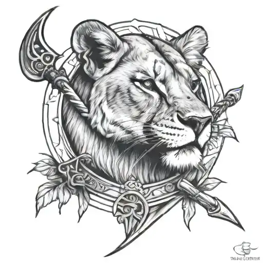 Lioness and a scythe tattoo design idea