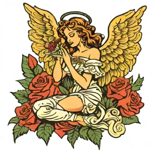 kneeling female angel, with roses and marijuana leaves around her tattoo design idea
