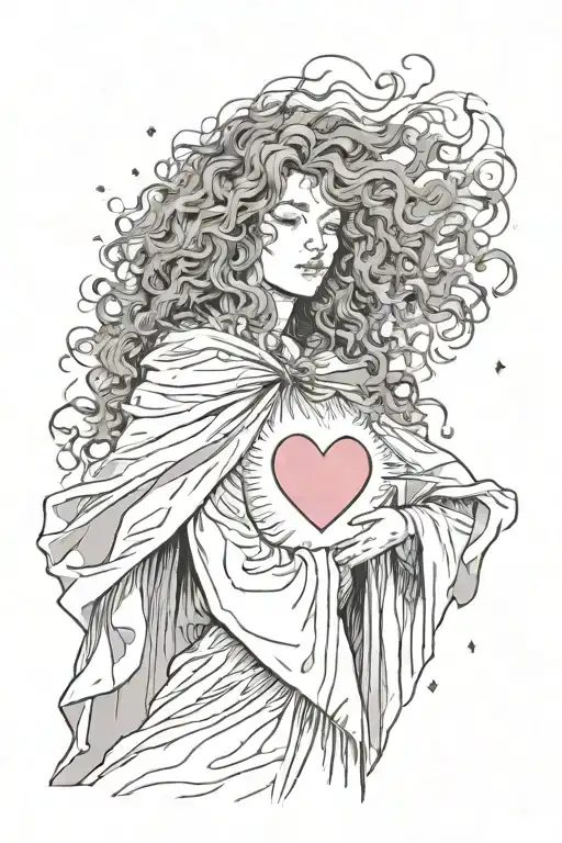 woman in a cloak reaching up towards a floating heart. her face is half visable behind her wild hair  tattoo design idea