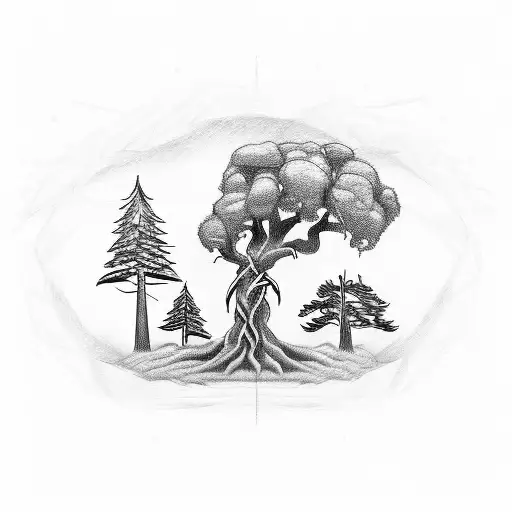 A sketch-style tattoo featuring two intertwined trees, one representing Idaho and the other representing California, with the numbers 208 and 925 carved into their trunks tattoo design idea