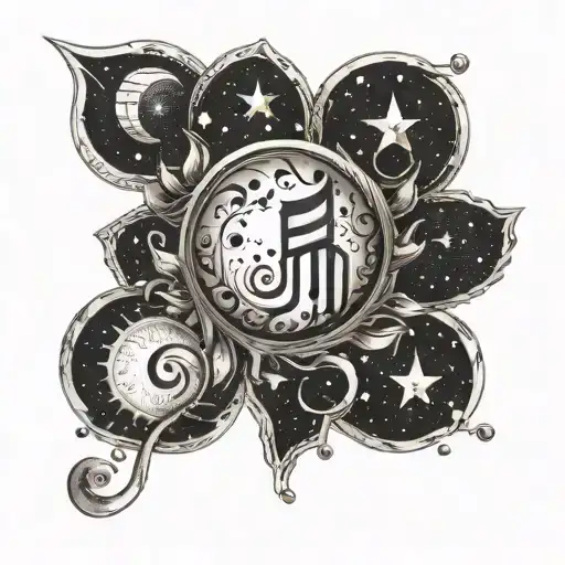 Paw print, music notes, moon and stars spine tattoo fine line tattoo design idea