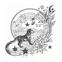 Paw print, music notes, moon and stars spine tattoo fine line tattoo design idea