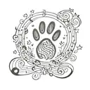 Paw print, music notes, moon and stars spine tattoo fine line tattoo design idea