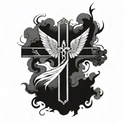 I need to make a cross with angel wings behind it and a wire running from top to bottom of the cross behind it. tattoo design idea