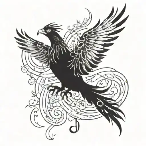 A phoenix rising from the ashes with musical notes incorporated into the design tattoo design idea