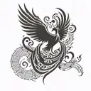 A phoenix rising from the ashes with musical notes incorporated into the design tattoo design idea