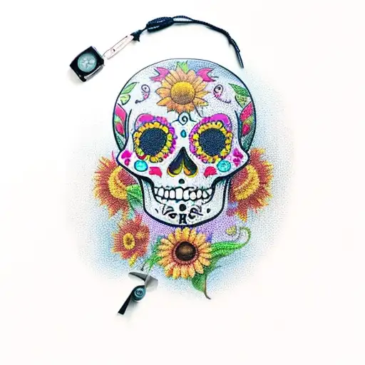 girl sugar skull holding a old stop watch with colored sunflowers around her head  tattoo design idea