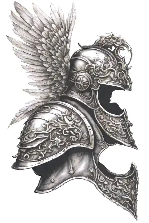 Angel flies wings warrior helmet armor tattoo design idea