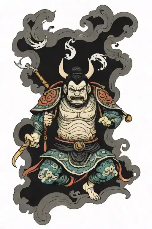 1. **Central Figure: Bishamonten**     - **Pose**: Bishamonten, the God of Warriors and protector of the righteous, shou tattoo design idea