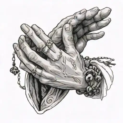 The image shows a man with long blond hair, dressed in white clothes. A person raises one hand up, holding a rosary or b tattoo design idea